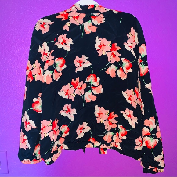 Silk Coral Red & Black Floral Bomber Jacket NWT 14 - Picture 8 of 8